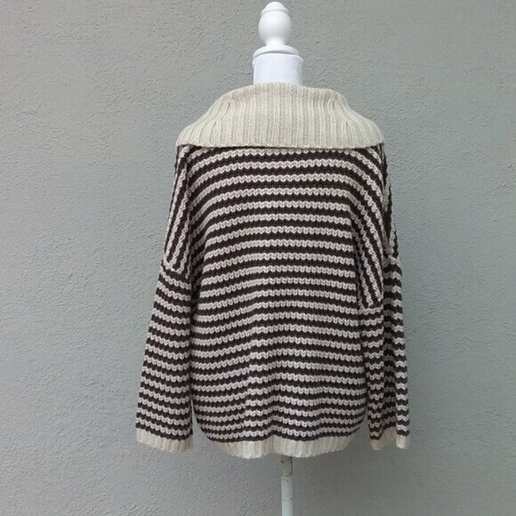 Nordstrom Caslon Sweater Women's Large Brown Cream Stripe Preppy Pockets Cowl - Picture 2 of 6